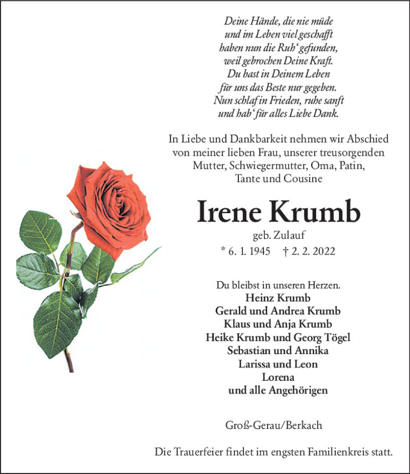 Traueranzeige für Irene Krumb vom 05.02.2022 aus vrm-trauer Groß-Gerauer Echo