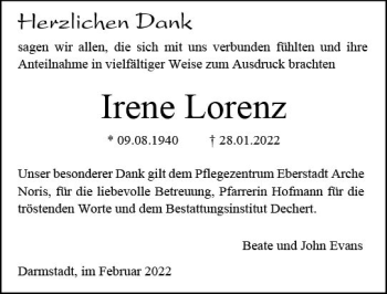 Traueranzeige von Irene Lorenz von vrm-trauer Darmstädter Echo