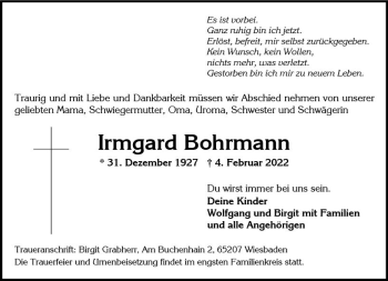 Traueranzeige von Irmgard Bohrmann von vrm-trauer Wiesbadener Kurier