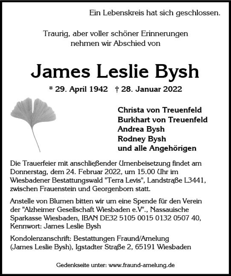  Traueranzeige für James Leslie Bysh vom 05.02.2022 aus vrm-trauer Wiesbadener Kurier