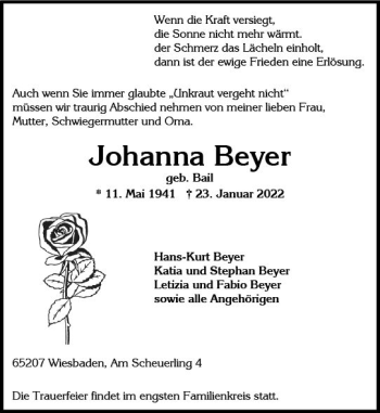 Traueranzeige von Johanna Beyer von vrm-trauer Groß-Gerauer Echo