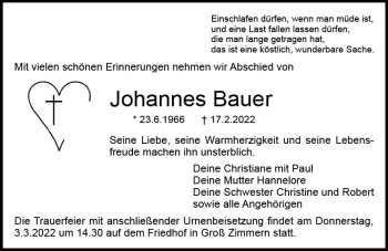 Traueranzeige von Johannes Bauer von vrm-trauer DieburgerAnzeiger/Groß-Zimmerner Lokala