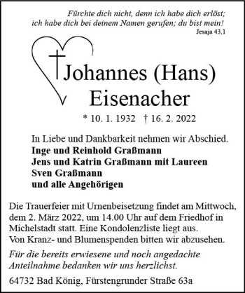 Traueranzeige von Johannes Eisenacher von vrm-trauer Odenwälder Echo