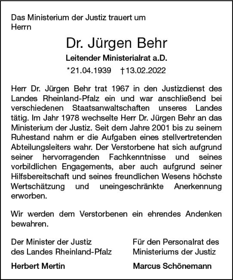  Traueranzeige für Jürgen Behr vom 26.02.2022 aus vrm-trauer AZ Mainz