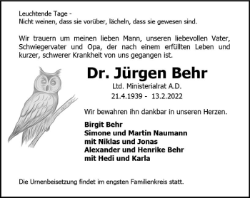 Traueranzeige von Jürgen Behr von vrm-trauer AZ Mainz