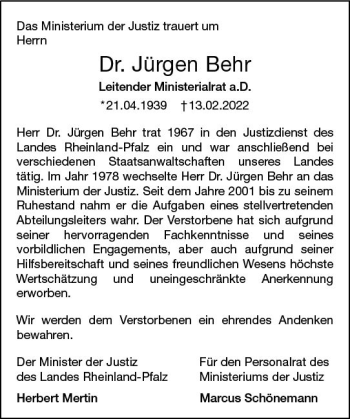 Traueranzeige von Jürgen Behr von vrm-trauer AZ Mainz
