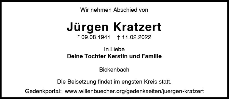  Traueranzeige für Jürgen Kratzert vom 16.02.2022 aus vrm-trauer Darmstädter Echo