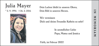 Traueranzeige von Julia Mayer von vrm-trauer Bürstädter/Lamperth. Ztg/Starkenburger