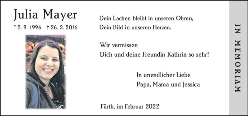  Traueranzeige für Julia Mayer vom 26.02.2022 aus vrm-trauer Bürstädter/Lamperth. Ztg/Starkenburger