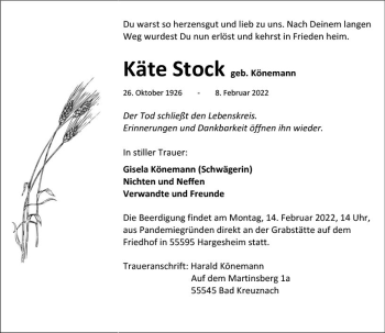 Traueranzeige von Käte Stock von vrm-trauer Allg. Zeitung Bad Kreuznach