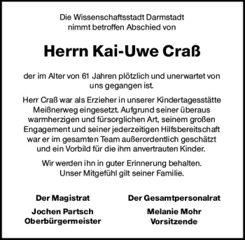Traueranzeige von Kai-Uwe Craß von vrm-trauer Darmstädter Echo