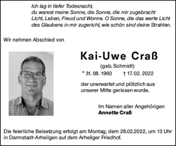 Traueranzeige von Kai-Uwe Craß von vrm-trauer Darmstädter Echo