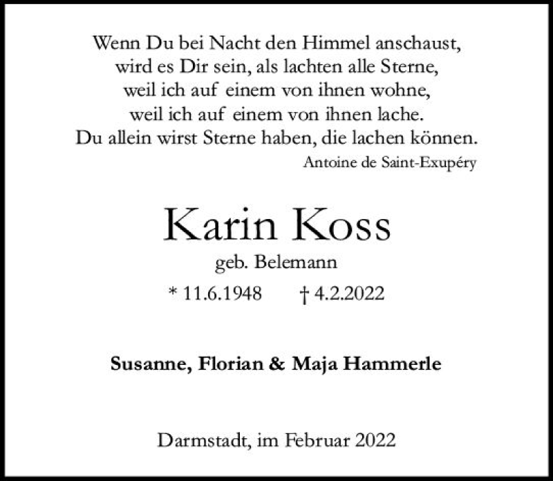  Traueranzeige für Karin Koss vom 19.02.2022 aus vrm-trauer Darmstädter Echo