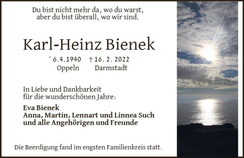  Traueranzeige für Karl-Heinz Bienek vom 26.02.2022 aus vrm-trauer Darmstädter Echo