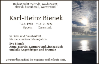 Traueranzeige von Karl-Heinz Bienek von vrm-trauer Darmstädter Echo