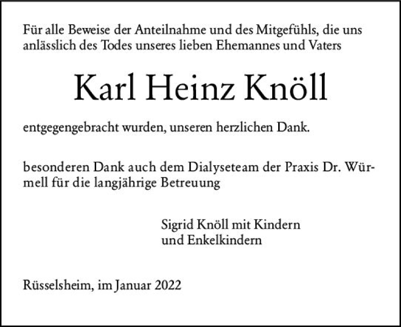  Traueranzeige für Karl Heinz Knöll vom 12.02.2022 aus vrm-trauer Rüsselsheimer Echo / MainSpitze