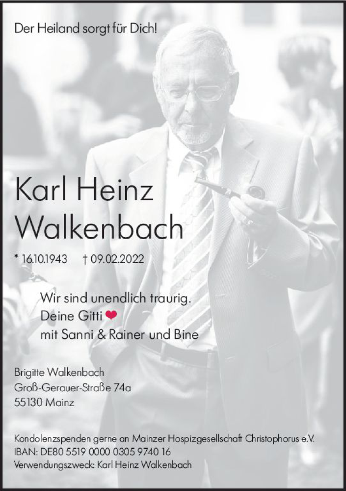  Traueranzeige für Karl Heinz Walkenbach vom 16.02.2022 aus vrm-trauer AZ Mainz