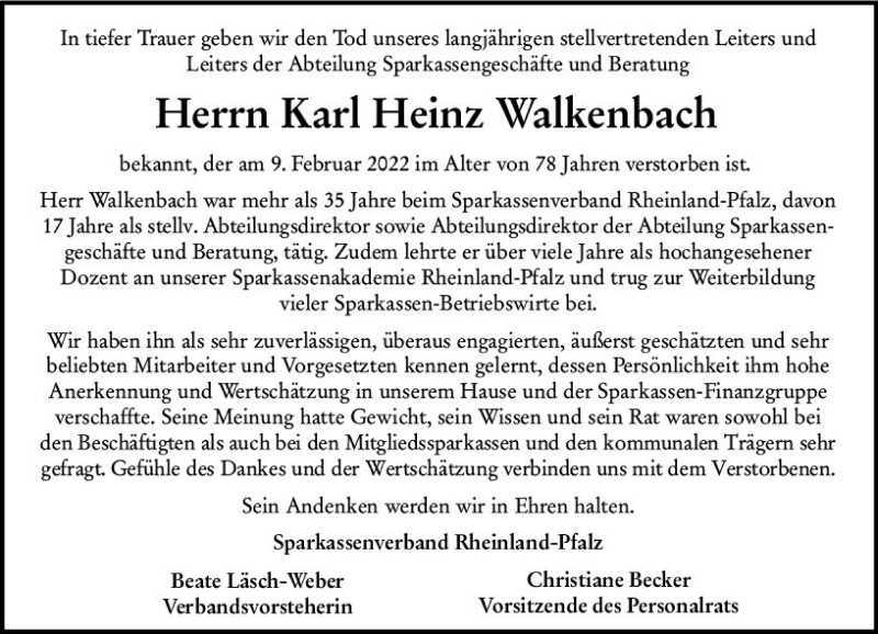  Traueranzeige für Karl Heinz Walkenbach vom 16.02.2022 aus vrm-trauer AZ Mainz