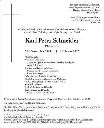 Traueranzeige von Karl Peter Schneider von vrm-trauer Allgemeine  Zeitung Ingelheim-Bingen