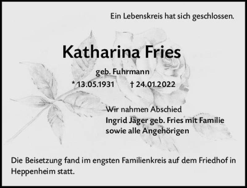  Traueranzeige für Katharina Fries vom 19.02.2022 aus vrm-trauer Bürstädter/Lamperth. Ztg/Starkenburger