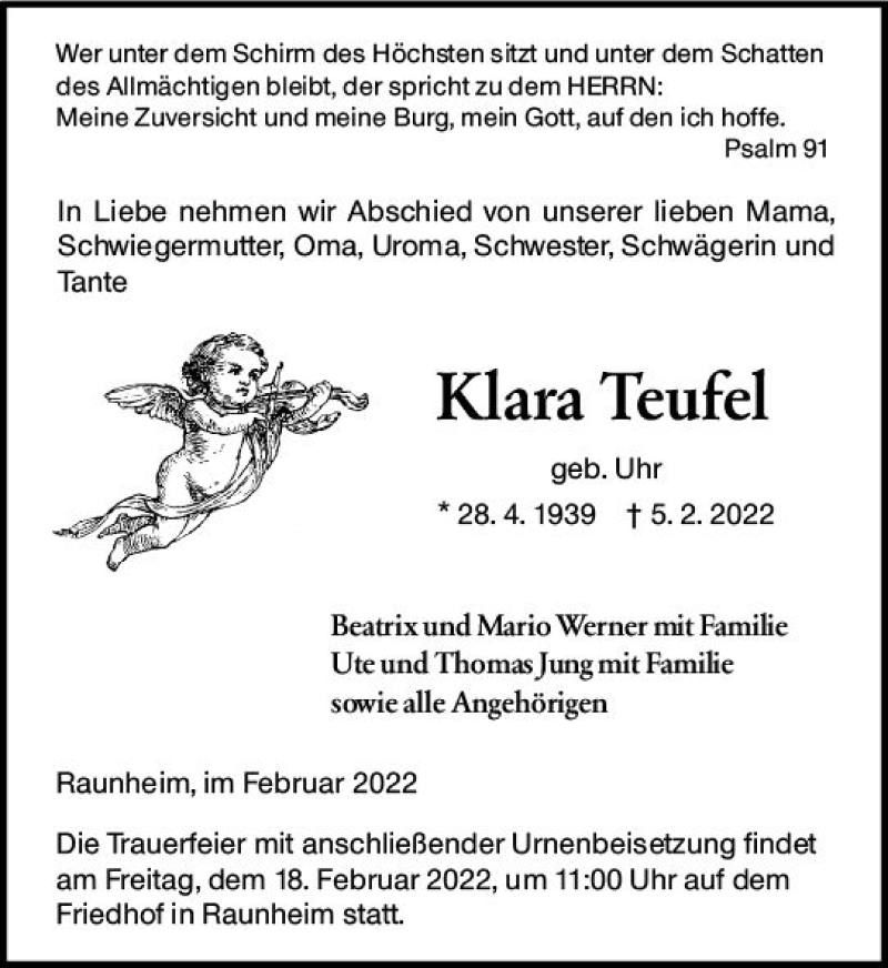  Traueranzeige für Klara Teufel vom 12.02.2022 aus vrm-trauer Rüsselsheimer Echo / MainSpitze