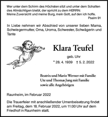 Traueranzeige von Klara Teufel von vrm-trauer Rüsselsheimer Echo / MainSpitze