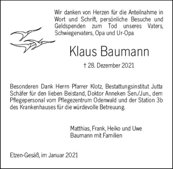 Traueranzeige von Klaus Baumann von vrm-trauer Odenwälder Echo