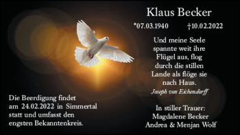 Traueranzeige von Klaus Becker von vrm-trauer Allg. Zeitung Bad Kreuznach