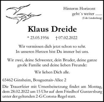 Traueranzeige von Klaus Dreide von vrm-trauer Rüsselsheimer Echo / MainSpitze