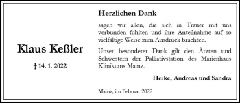 Traueranzeige von Klaus Keßler von vrm-trauer AZ Mainz