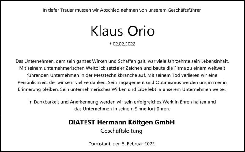  Traueranzeige für Klaus Orio vom 05.02.2022 aus vrm-trauer Darmstädter Echo
