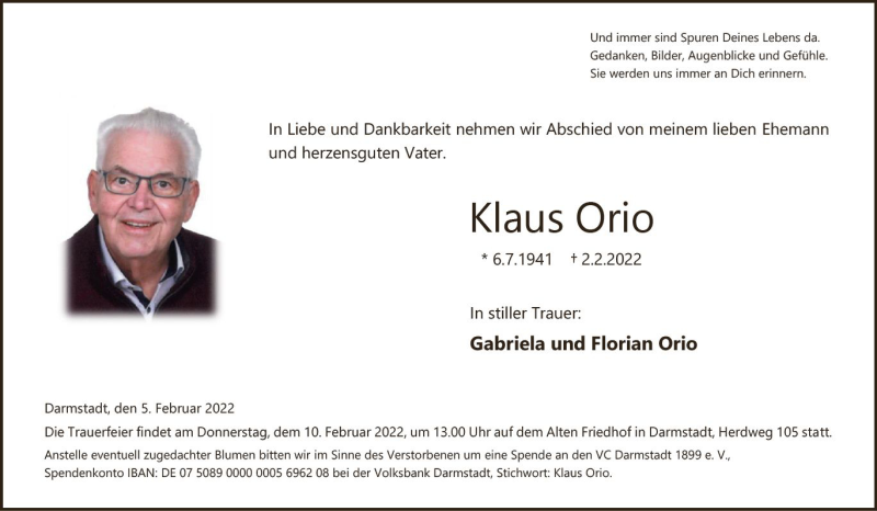  Traueranzeige für Klaus Orio vom 05.02.2022 aus vrm-trauer Darmstädter Echo