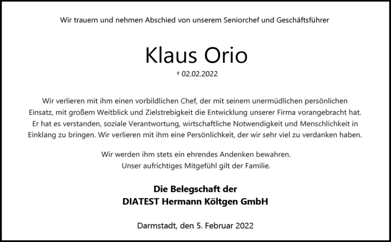  Traueranzeige für Klaus Orio vom 05.02.2022 aus vrm-trauer Darmstädter Echo