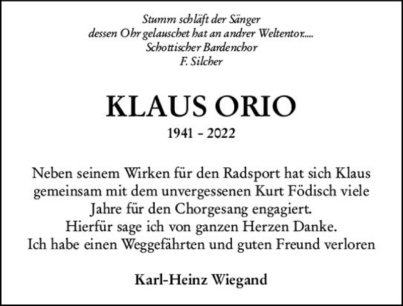  Traueranzeige für Klaus Orio vom 12.02.2022 aus vrm-trauer Darmstädter Echo