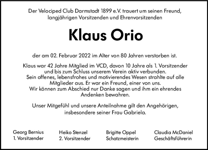  Traueranzeige für Klaus Orio vom 05.02.2022 aus vrm-trauer Darmstädter Echo