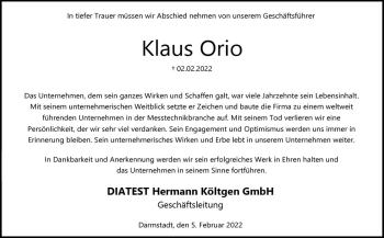Traueranzeige von Klaus Orio von vrm-trauer Darmstädter Echo