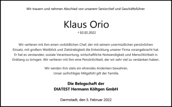 Traueranzeige von Klaus Orio von vrm-trauer Darmstädter Echo