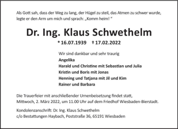 Traueranzeige von Klaus Schwethelm von vrm-trauer Wiesbadener Kurier