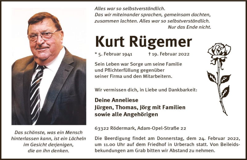  Traueranzeige für Kurt Rügemer vom 22.02.2022 aus vrm-trauer Darmstädter Echo