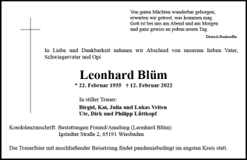 Traueranzeige von Leonhard Blüm von vrm-trauer Wiesbadener Kurier