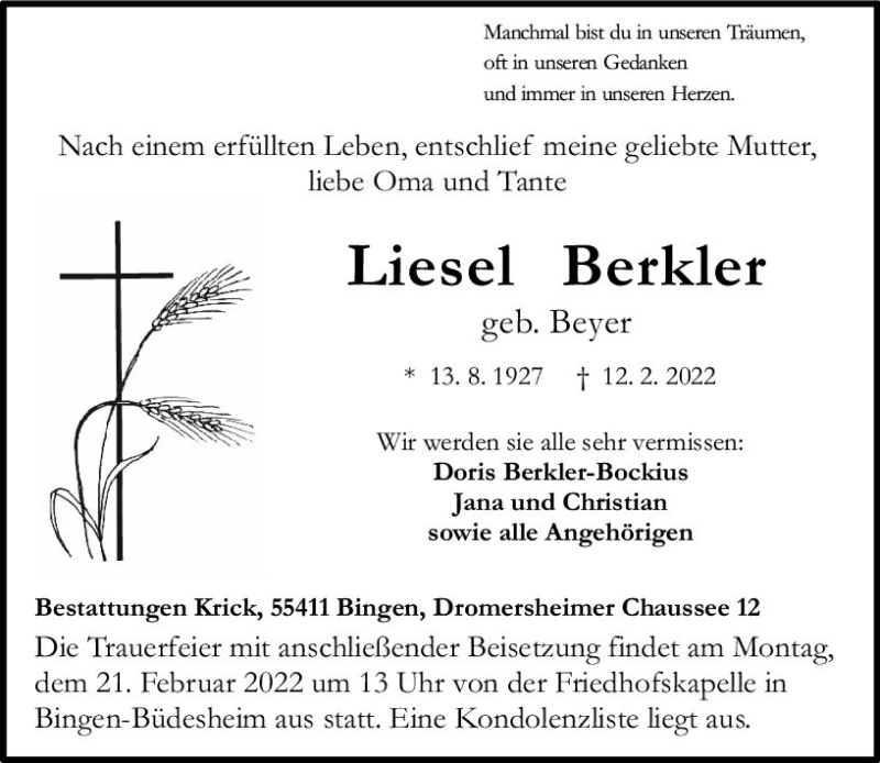  Traueranzeige für Liesel Berkler vom 19.02.2022 aus vrm-trauer Allgemeine  Zeitung Ingelheim-Bingen