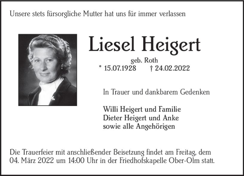  Traueranzeige für Liesel Heigert vom 26.02.2022 aus vrm-trauer AZ Mainz