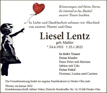 Traueranzeige von Liesel Lentz von vrm-trauer Wormser Zeitung