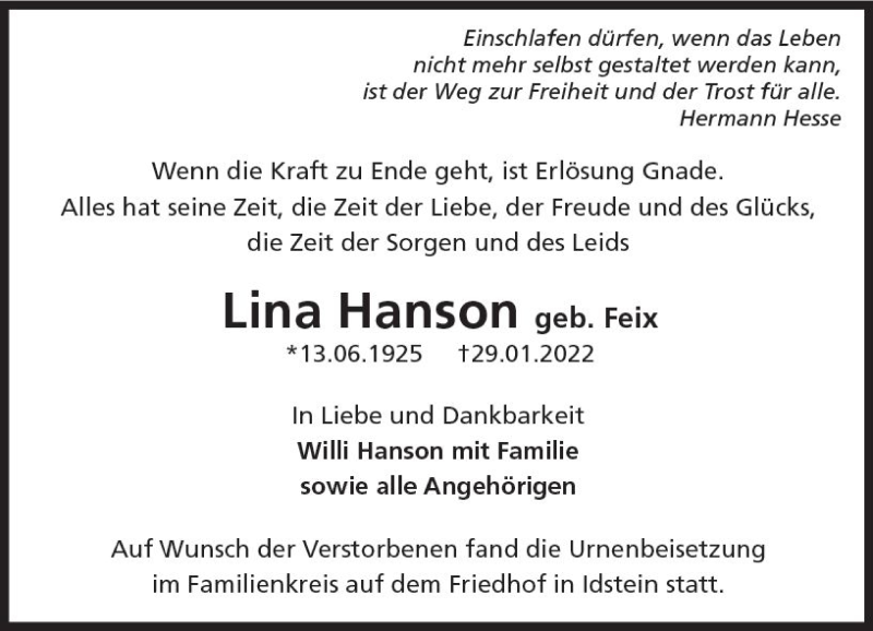  Traueranzeige für Lina Hanson vom 19.02.2022 aus vrm-trauer Idsteiner Zeitung
