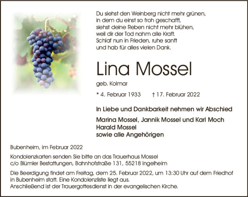  Traueranzeige für Lina Mossel vom 19.02.2022 aus vrm-trauer Allgemeine  Zeitung Ingelheim-Bingen