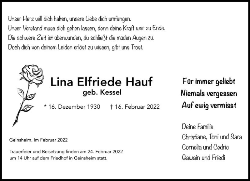  Traueranzeige für Lina Elfriede Hauf vom 22.02.2022 aus vrm-trauer Groß-Gerauer Echo