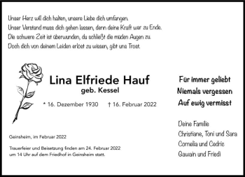 Traueranzeige von Lina Elfriede Hauf von vrm-trauer Groß-Gerauer Echo