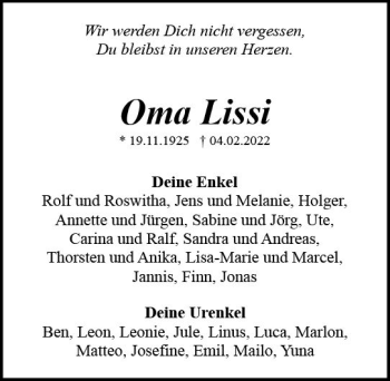 Traueranzeige von Lissi  von vrm-trauer Odenwälder Echo
