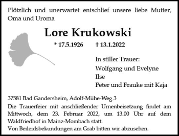 Traueranzeige von Lore Krukowski von vrm-trauer AZ Mainz
