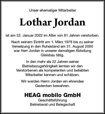 Traueranzeige von Lothar Jordan von vrm-trauer Darmstädter Echo
